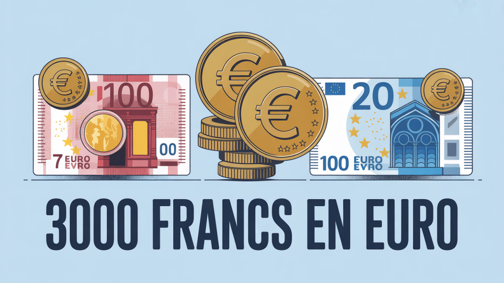 Illustration de la conversion 3000 franc en euro avec billets et pièces