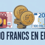 Illustration de la conversion 3000 franc en euro avec billets et pièces