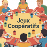 Enfants et adultes réunis table ronde jeux coopératifs