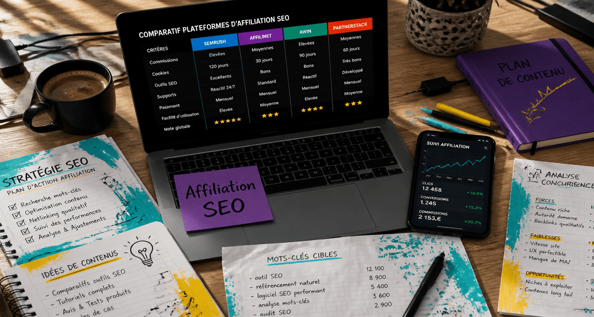 Affiliation SEO sur bureau moderne avec laptop et graphiques
