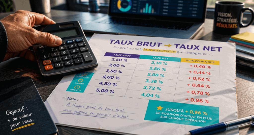 convertir taux brut en net épargne calcul dossier