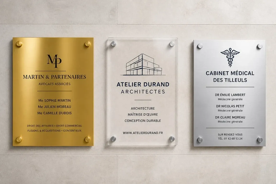 Exemples de plaques pour profession libérale : laiton, plexiglas et aluminium brossé.