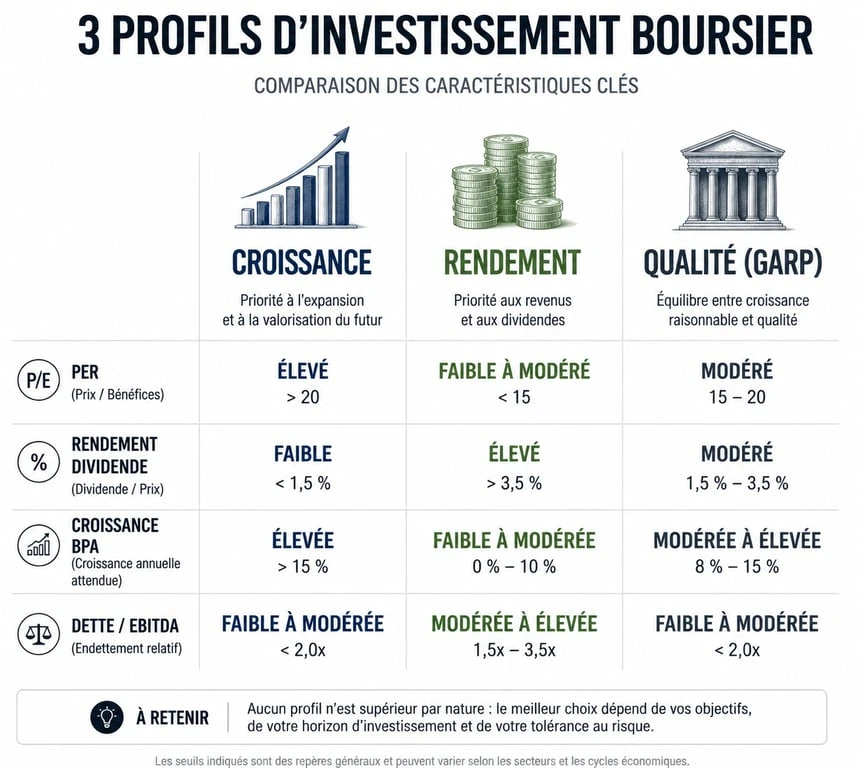 Infographie comparative des indicateurs financiers pour choisir la meilleure action PEA selon son profil d'investisseur
