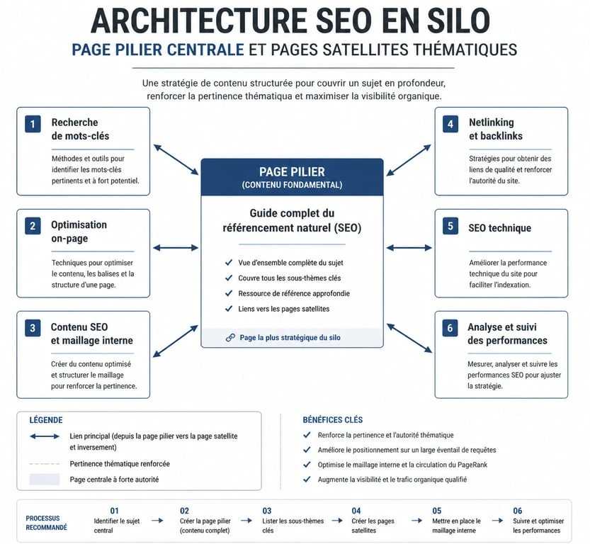 Schéma de stratégie éditoriale SEO : architecture en cocon sémantique avec page pilier et clusters thématiques.