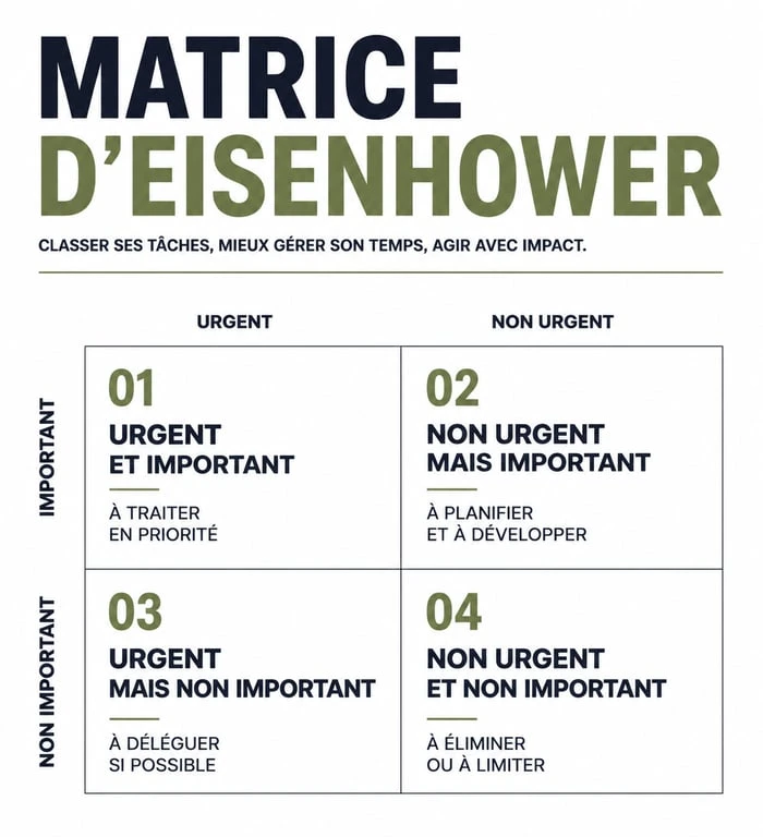 Infographie de la matrice d'Eisenhower pour la gestion du temps et la priorisation des tâches