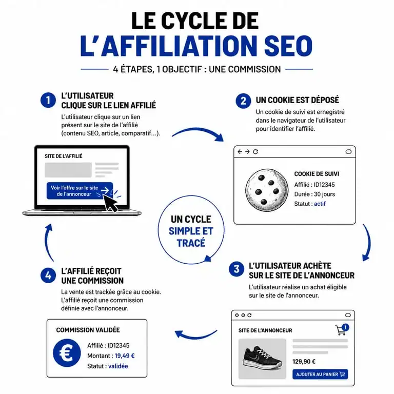 Schéma du fonctionnement de l'affiliation SEO et du tracking