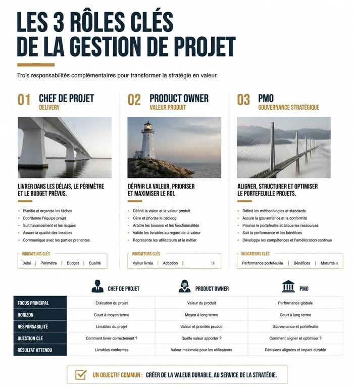 Infographie comparative des métiers de la gestion de projet : Chef de projet, Product Owner et PMO