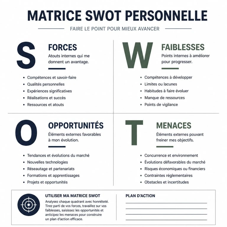 Infographie explicative de la matrice SWOT personnelle pour le développement de carrière