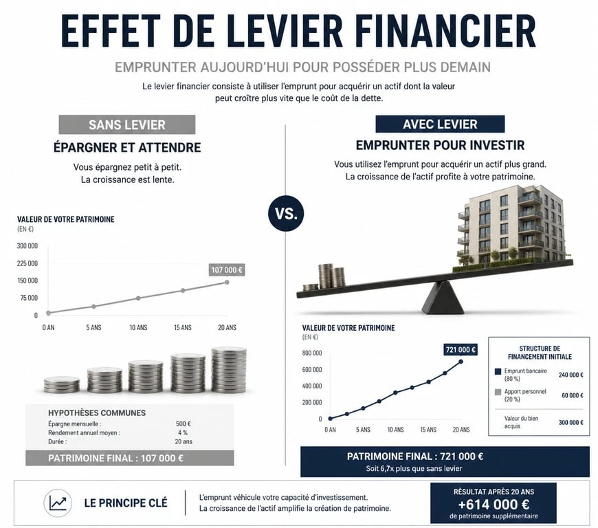 Infographie illustrant l'effet de levier financier : vaut-il mieux emprunter ou utiliser son épargne ?