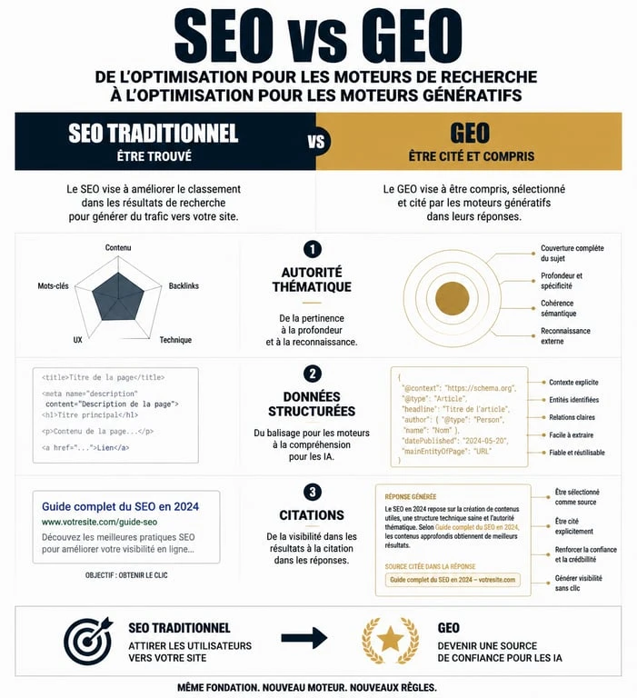 Infographie comparative : SEO traditionnel vs Référencement IA (GEO) pour comprendre les nouveaux enjeux de visibilité.