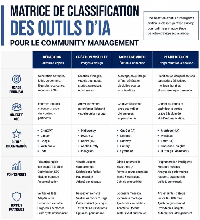 Infographie comparative des meilleurs outils IA pour le community management
