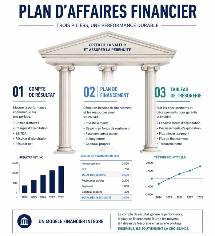Structure d'un business plan financier Excel avec compte de résultat, plan de financement et trésorerie