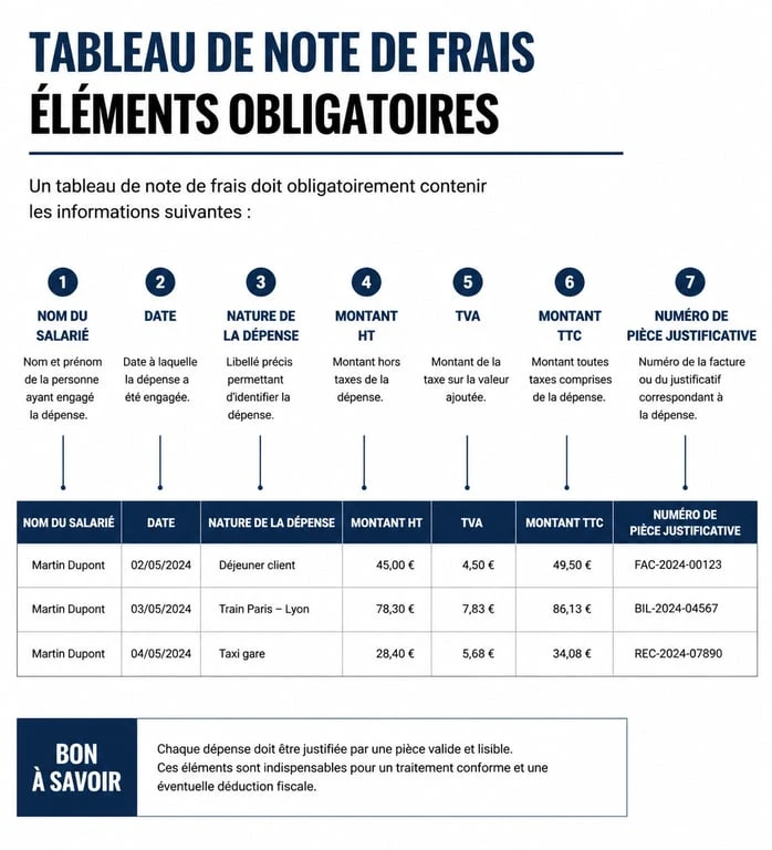 Infographie des éléments obligatoires d'un tableau note de frais conforme