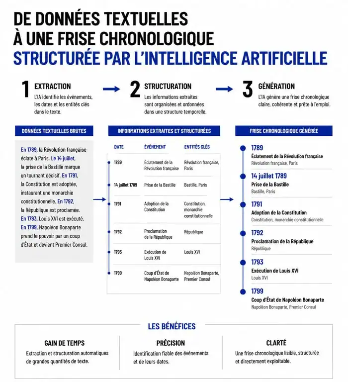 Infographie montrant le fonctionnement d'un générateur de frise chronologique IA