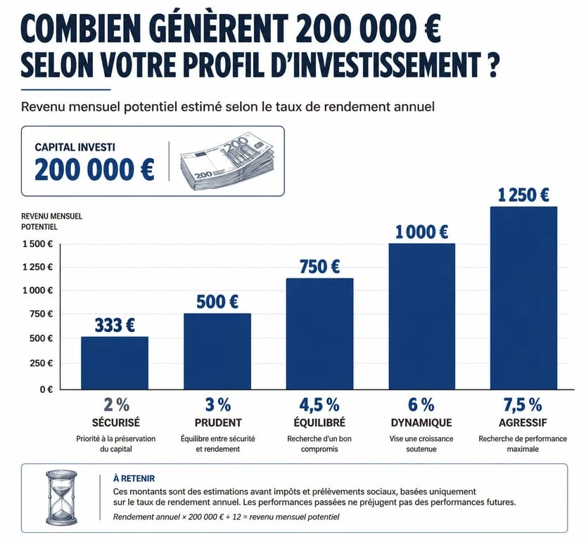 Graphique comparatif des revenus mensuels pour un placement de 200 000 euros selon le rendement