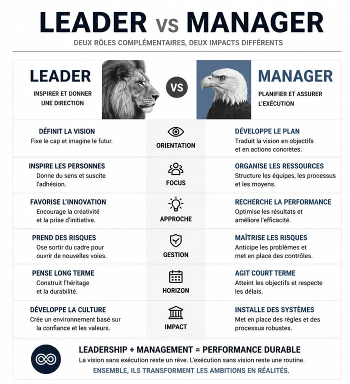 Infographie comparative : Leader vs Manager, les différences clés.