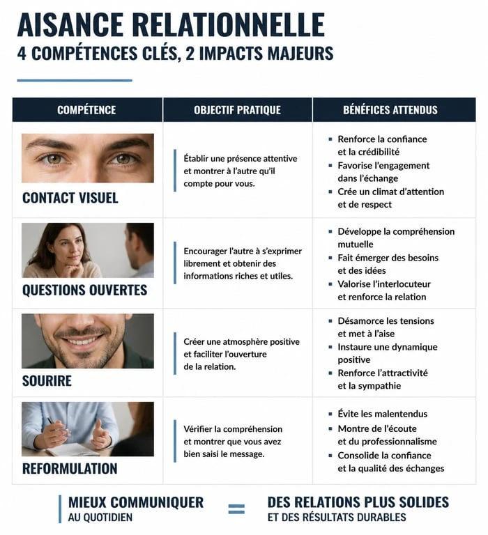 Infographie des compétences clés pour développer son aisance relationnelle au travail