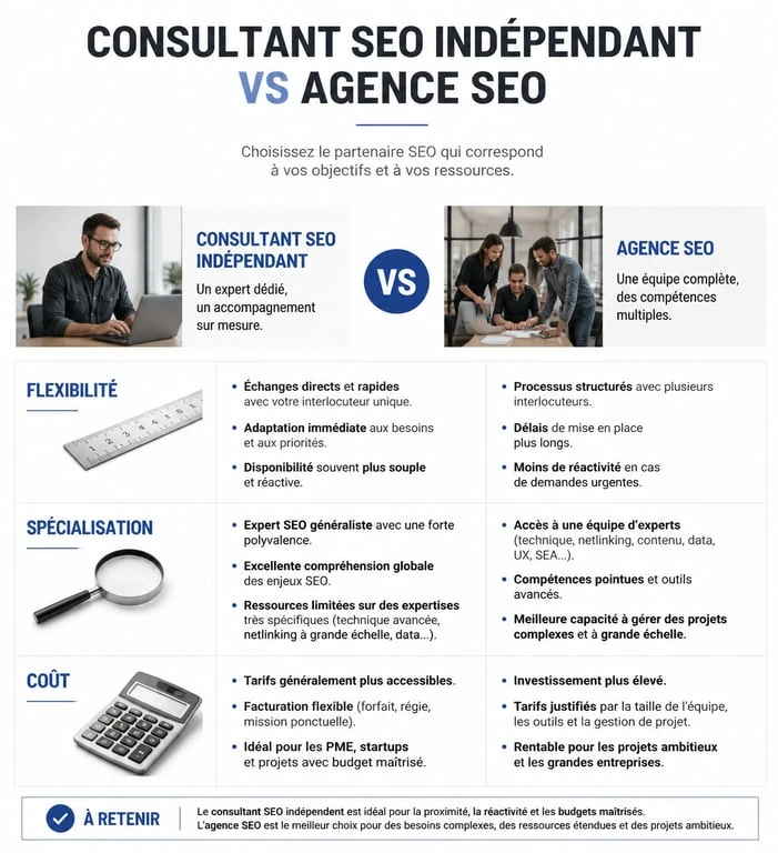 Infographie comparative entre consultant SEO indépendant et agence SEO pour choisir le meilleur expert