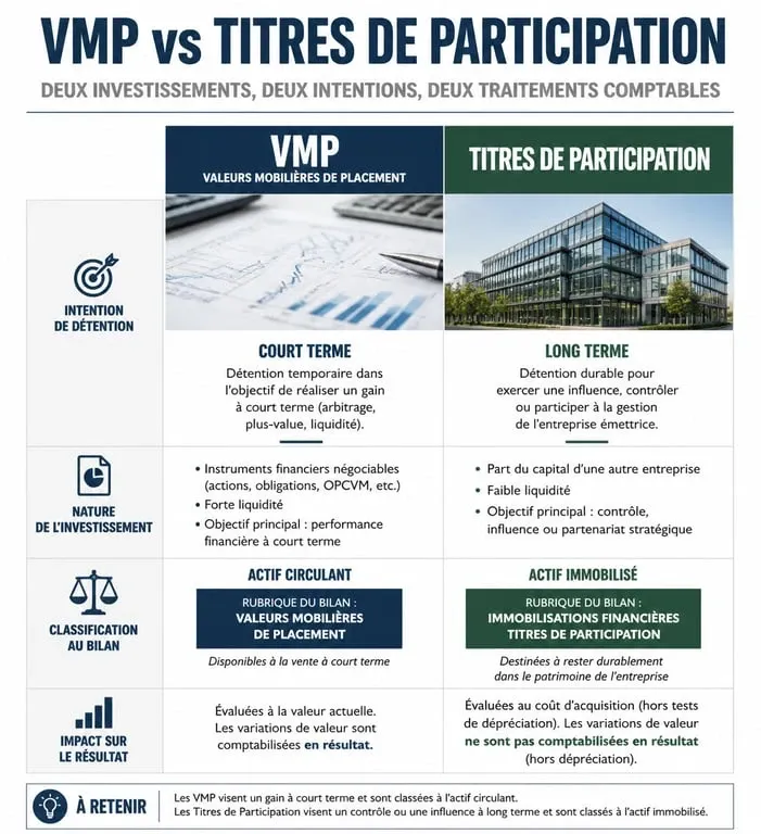 Comparatif visuel entre valeur mobilière de placement et titre de participation pour la gestion de trésorerie