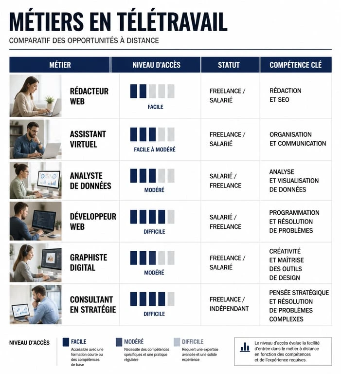 Tableau comparatif des métiers en télétravail pour choisir sa carrière à distance