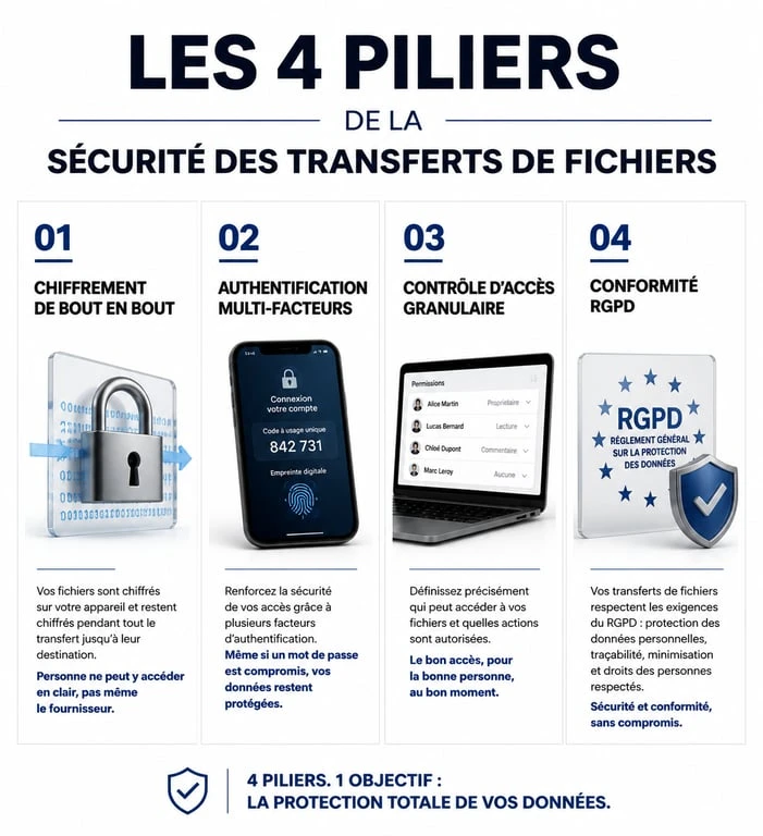 Infographie des piliers du partage de fichier en ligne sécurisé