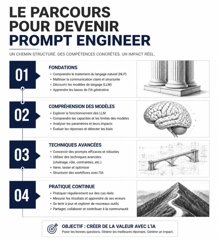 Infographie des étapes pour devenir prompt engineer et maîtriser l'IA générative