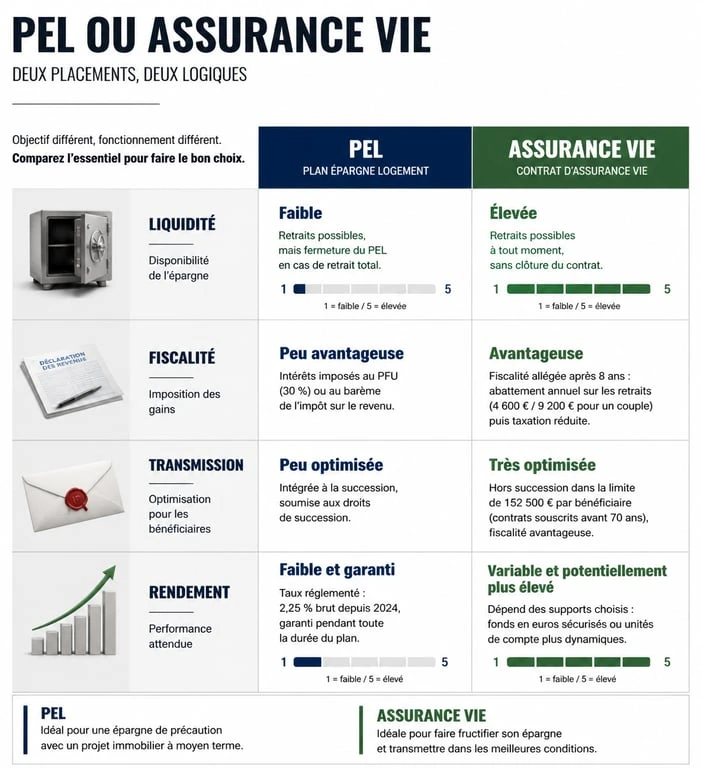Infographie comparative entre le PEL et l'assurance vie pour choisir son placement financier