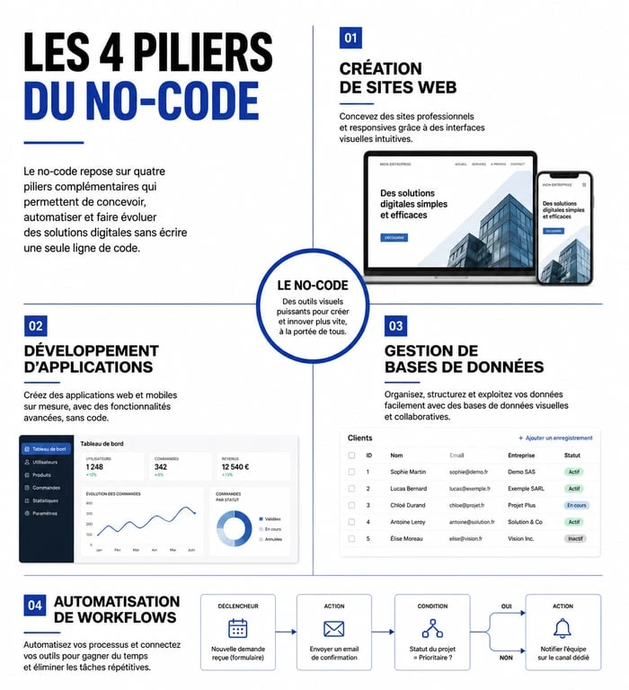 Infographie des 4 catégories d'outils no code pour structurer votre activité numérique