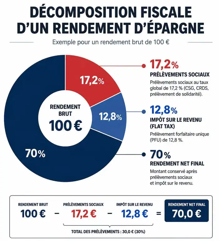 Schéma de la fiscalité de l'épargne : décomposition du taux brut en taux net après prélèvements sociaux et Flat Tax.
