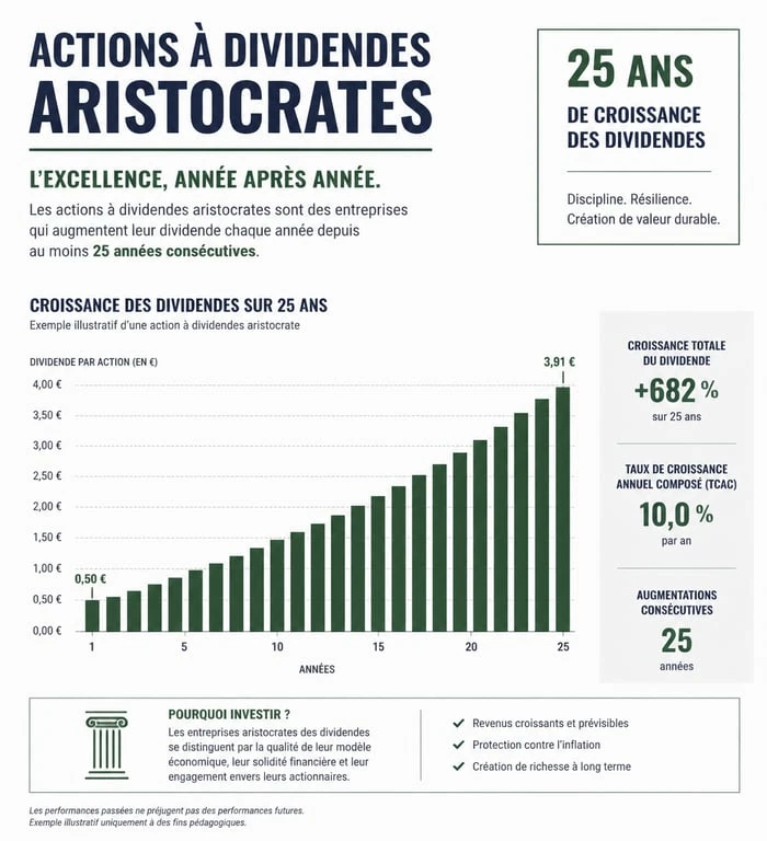 Infographie explicative sur le fonctionnement des actions à dividende aristocrate et leurs critères de sélection