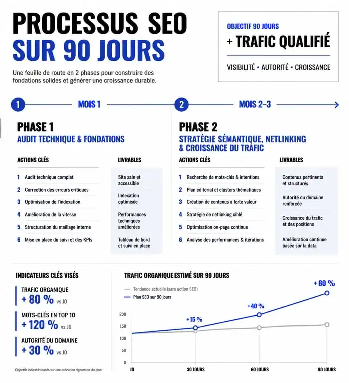 Infographie du processus SEO sur 90 jours par des experts en référencement