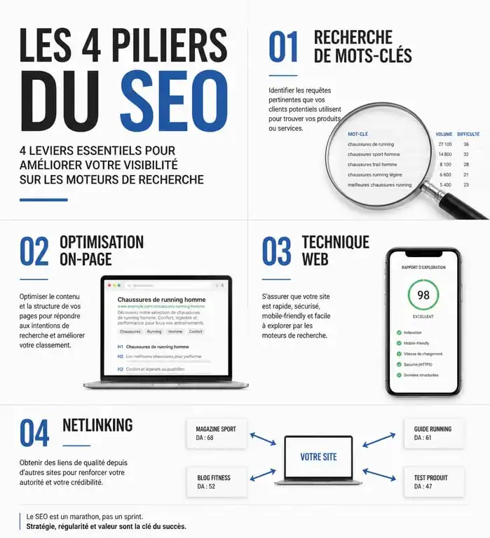 Infographie des 4 piliers du SEO pour débutant : mots-clés, on-page, technique et netlinking