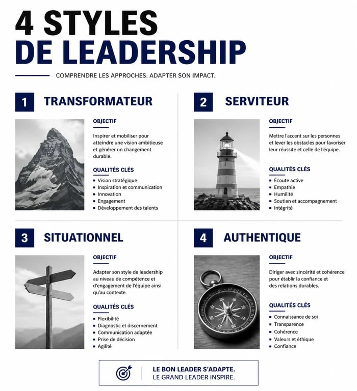Infographie des styles de leadership : Transformateur, Serviteur, Situationnel et Authentique