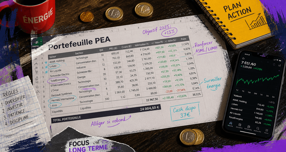 exemple portefeuille pea feuille excel et graphique boursier