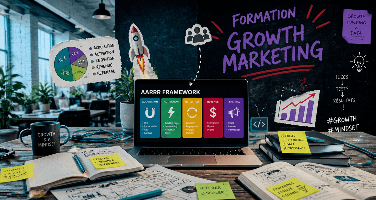 formation growth marketing dashboard et équipe brainstorming