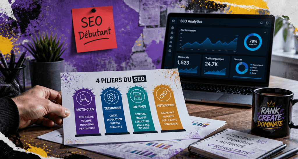 Infographie formation SEO débutant 4 piliers