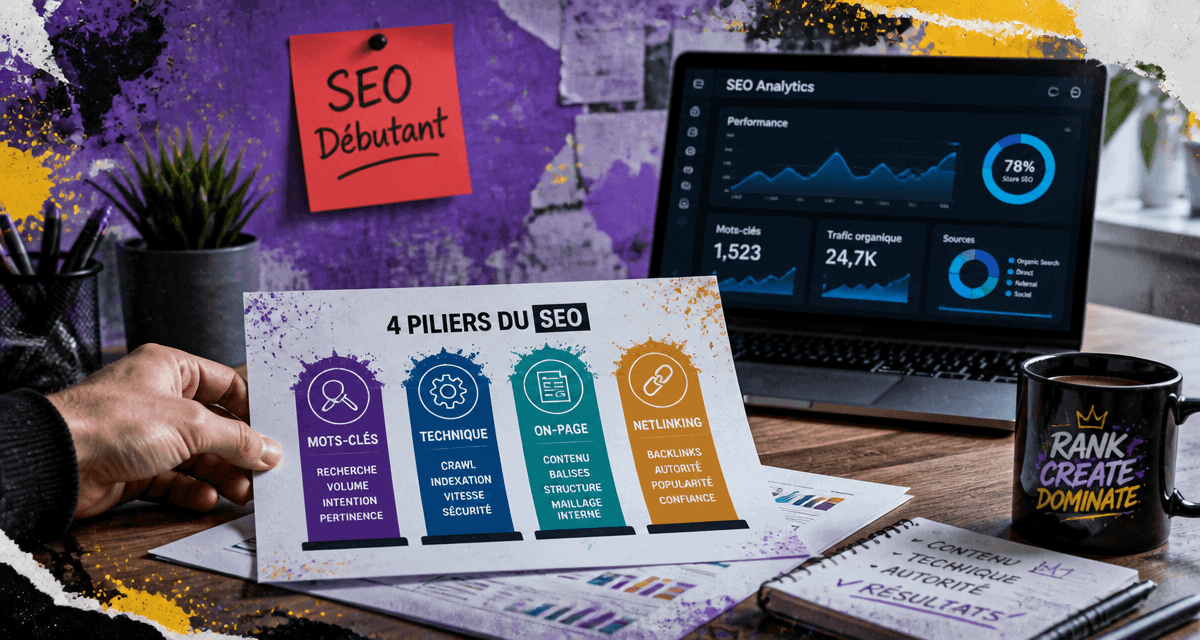 Infographie formation SEO débutant 4 piliers
