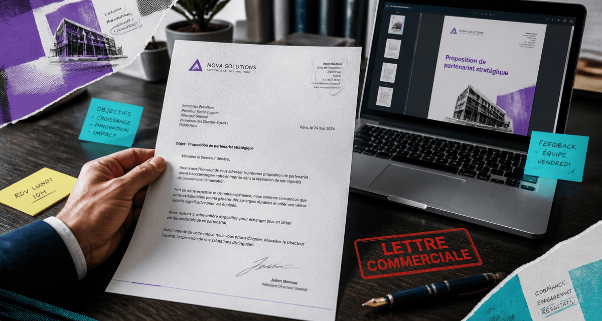 Lettre commercial exemple avec stylo et ordinateur