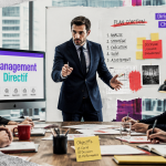 Manager management directif donne consignes à équipe