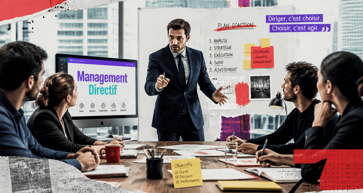Manager management directif donne consignes à équipe