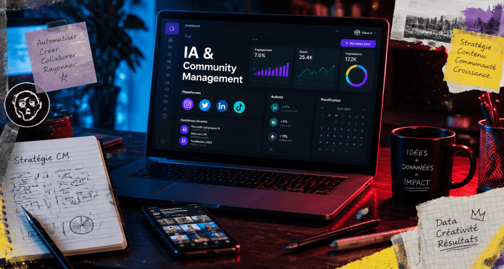Outils IA community management sur bureau moderne