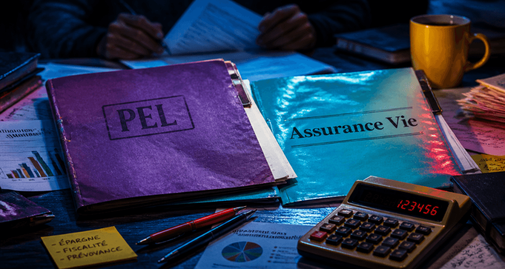 PEL ou assurance vie dossiers sur table avec calculatrice
