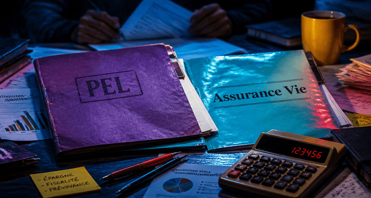 PEL ou assurance vie dossiers sur table avec calculatrice