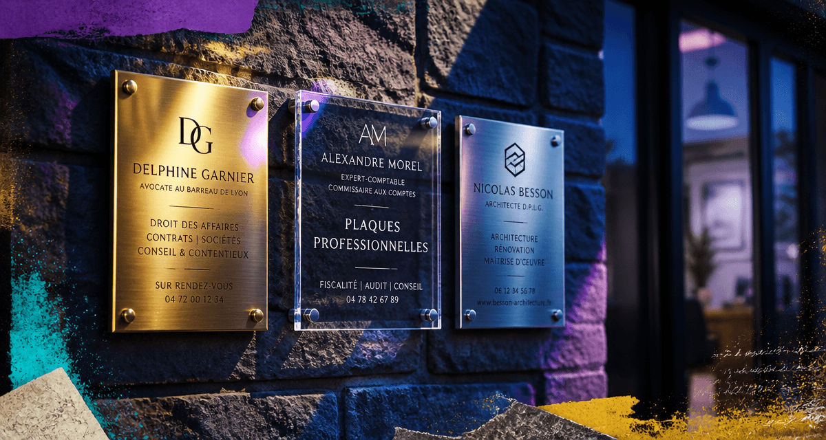 Plaque profession libérale laiton plexiglas aluminium sur mur élégant