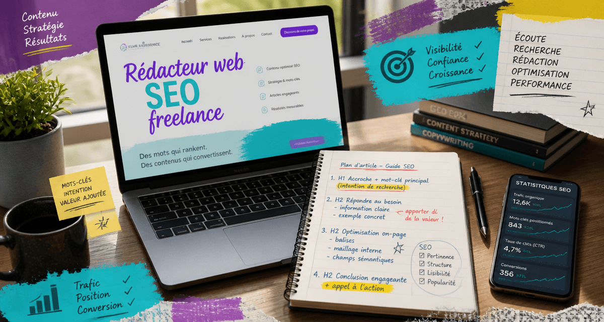 rédacteur web seo freelance ordinateur carnet