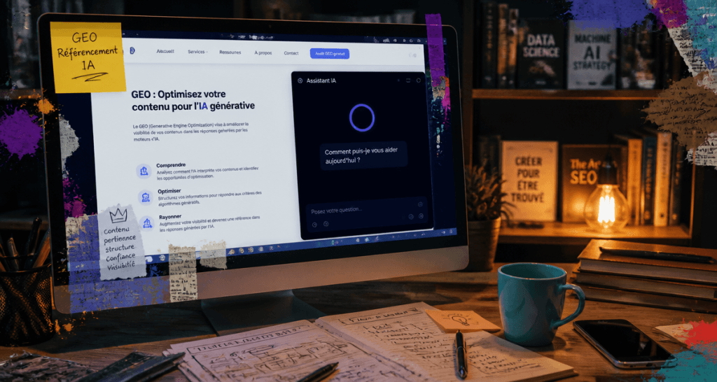 Bureau moderne avec IA et référencement IA à l'écran