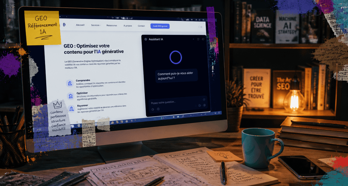 Bureau moderne avec IA et référencement IA à l'écran