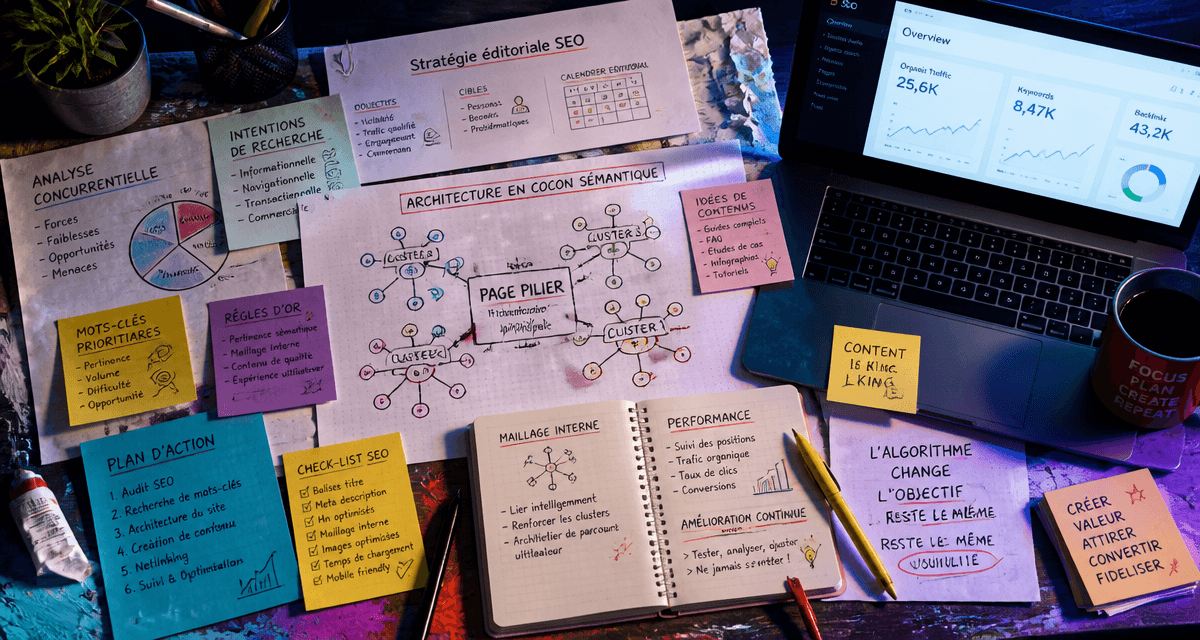 stratégie éditoriale pour le seo, bureau moderne et schéma cocon