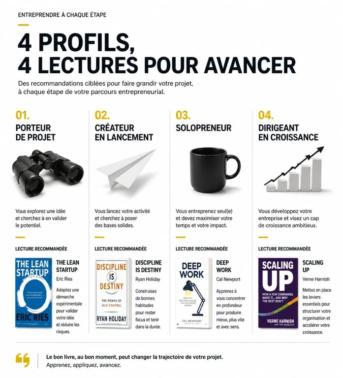 Infographie des meilleurs livres pour l'entrepreneuriat selon le profil du lecteur