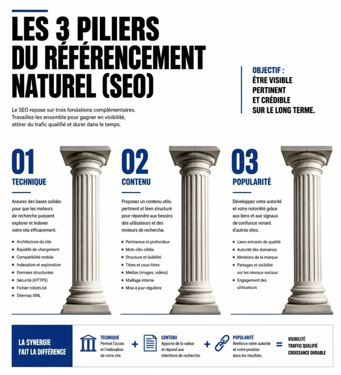 Les trois piliers du référencement naturel SEO : technique, contenu et popularité